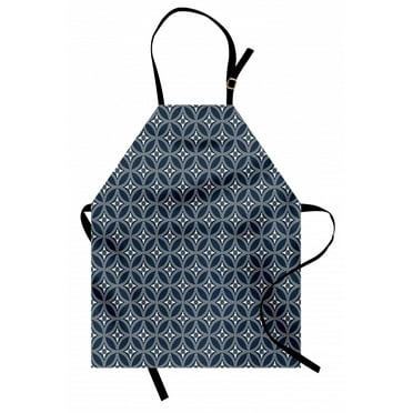 Geometric Apron Eastern Culture Inspired Floral Design Interlocking Circles Pattern Flower, Unisex Kitchen Bib Apron with Adjustable Neck for Cooking Baking Gardening, Dark Blue Cream, by Ambesonne