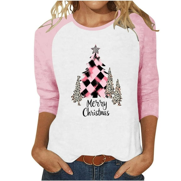 Fall Fashion Must Haves Women's Raglan Sleeve Christmas Shirt 3/4 Sleeve Round Neck Holiday Tree Print Tees Tshirts Women Fall Clothes