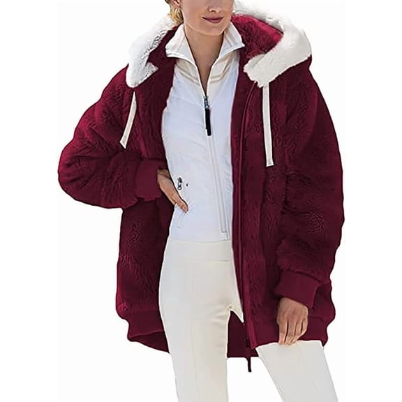 Women's Oversized fleece jackets Plush Long Sleeve Full Zip Up Sherpa Jackets Thermal Warm Winter Hooded Outerwear with Pocket Warm Clothes
