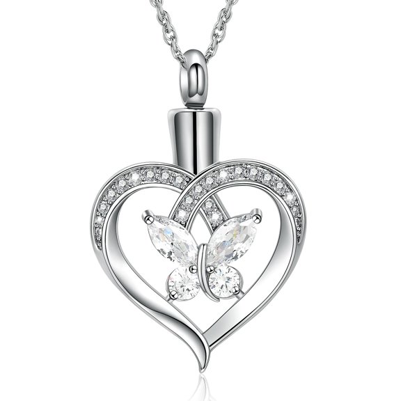 Women's Crystal Butterfly in Heart Urn Necklace Lockets for Human Ashes Pet Cremation Jewelry for Ashes Holder