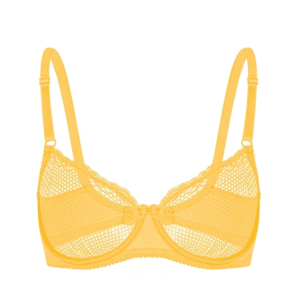 Wingslove Women's Sexy 1/2 Cup Lace Bra Balconette Mesh Underwired Demi  Shelf Bra Unlined See Through Bralette,Yellow 34A