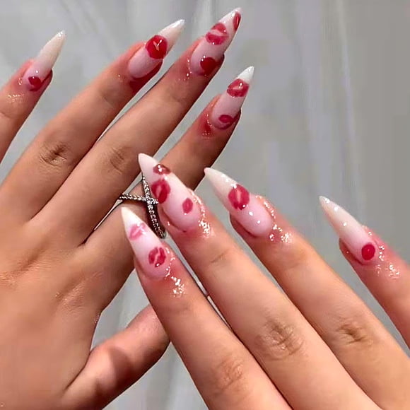 Exprimidor de uñas Sutaozhi para San Valentín, labios largos de color rojo almendra, 24 unidades