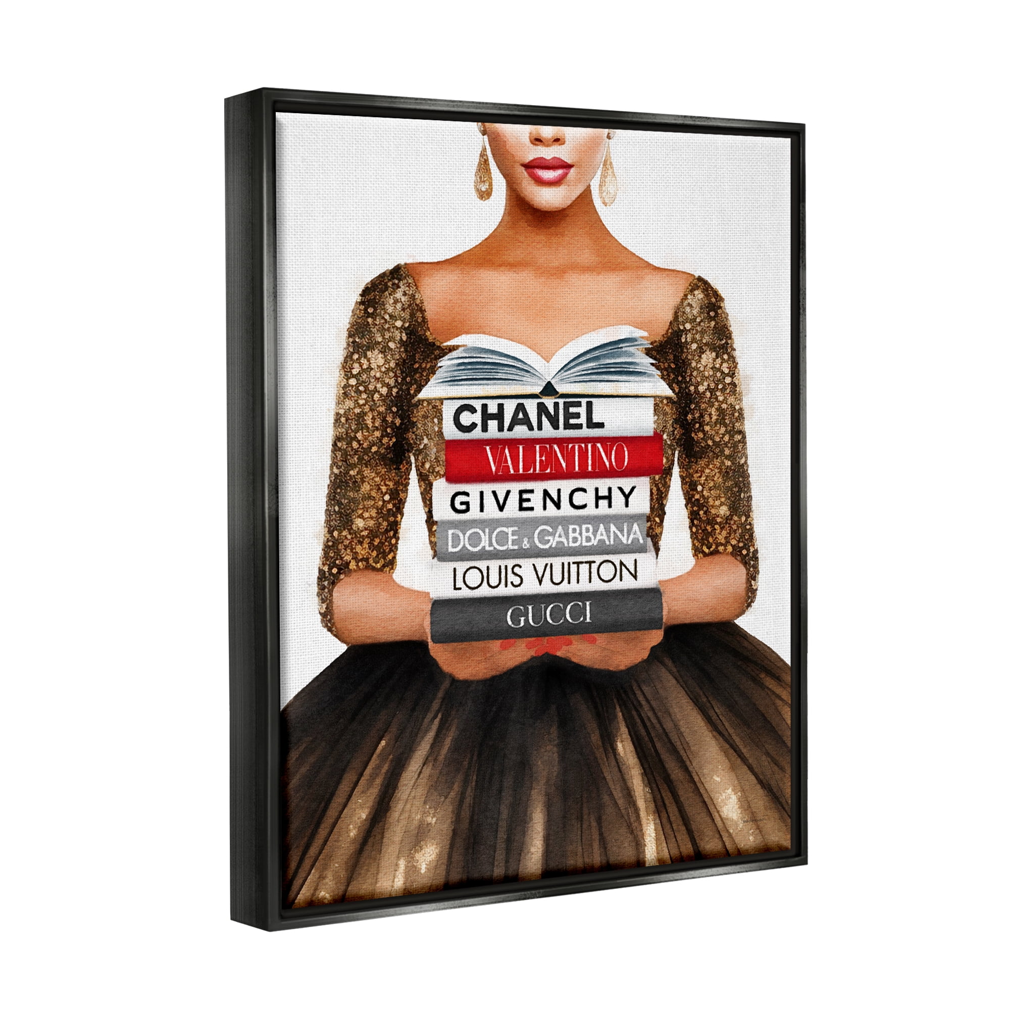 Stupell Industries Glam Girl & Bookstack Beauty & Fashion Painting Black Floater Framed Canvas Art Print Wall Art, 17 x 21