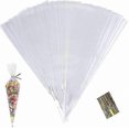 thumbnail image 1 of 100 Pack Transparent Cone Bags, 25x13cm Cellophane Sweets Wrappers with Twist Ties for Food Storage, 1 of 5