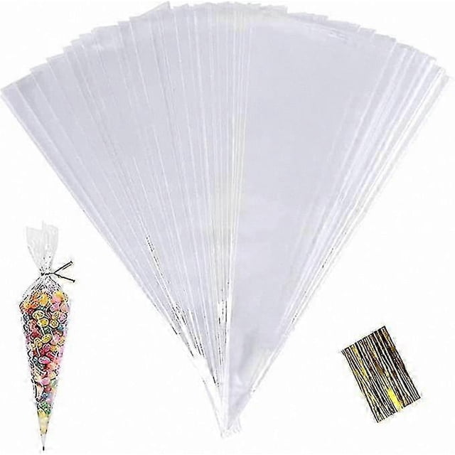 100 Pack Transparent Cone Bags, 25x13cm Cellophane Sweets Wrappers with Twist Ties for Food Storage