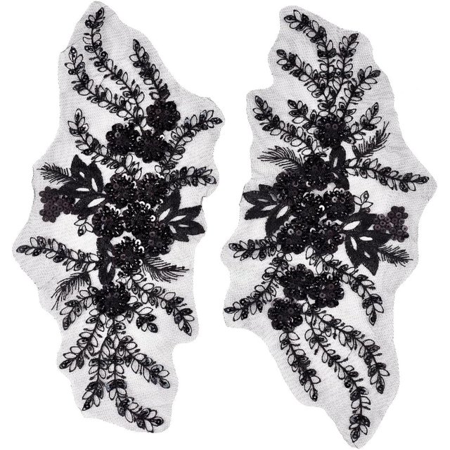 2Pcs 3D Floral Sequin Applique Black Lace Bead Flower Embroidered Appliques Polyester Embroidery Sew on Tulle Patches for Sewing Making Dresses Clothes Craft Bridal Wedding Gown Decor Supply