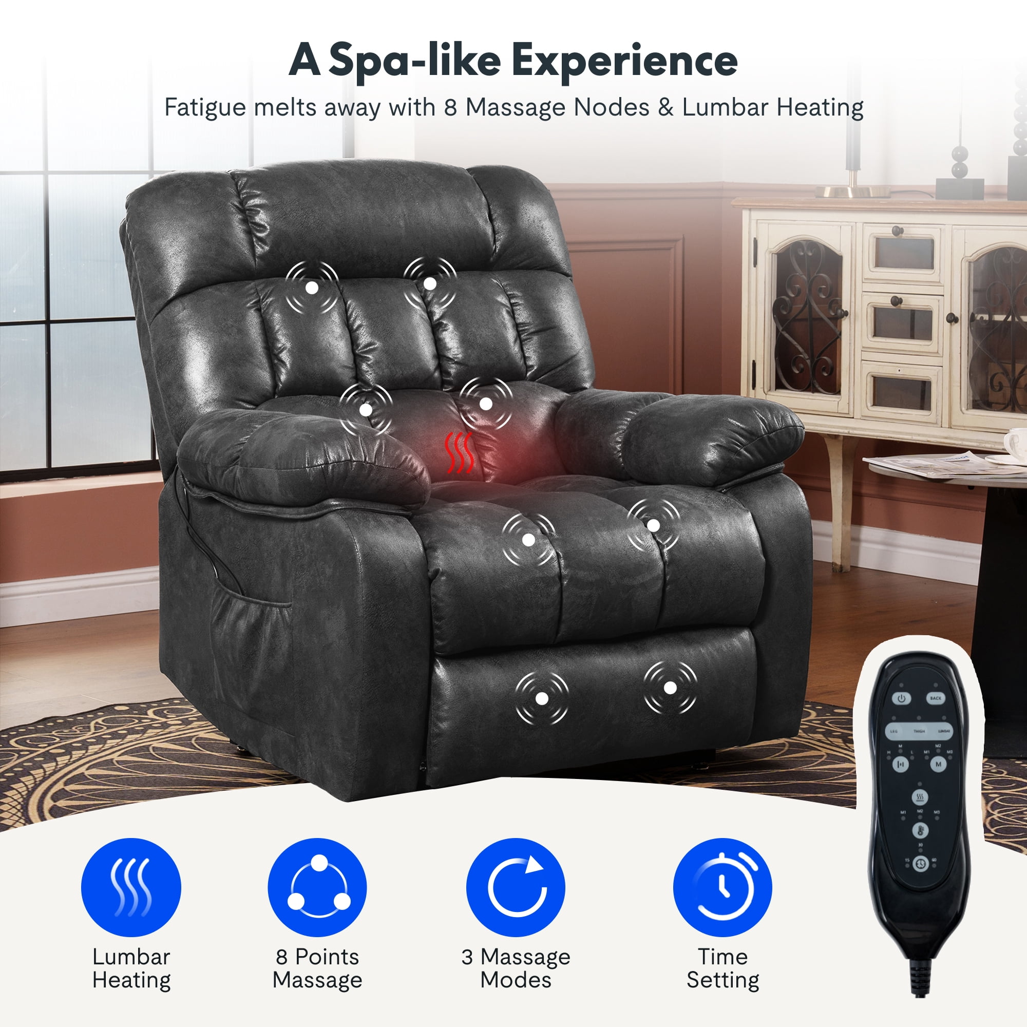 FLEXISPOT Dual Motor Power Lift Recliner Chair for Elderly with Massage and Heat, Oversized Lay Flat Sleeping Recliner with USB Charging Ports, Dark Gray