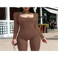 thumbnail image 4 of Women Ribbed Knit Yoga Jumpsuits Square Neck Long Sleeve Bodycon Rompers One-Piece Workout Sports Outfits, 4 of 7