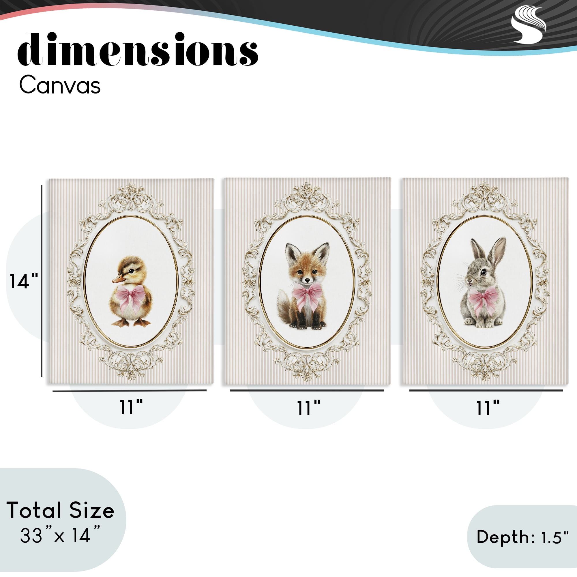 Stupell Industries Vintage Animals with Ornate Design 3 Piece Canvas Wall Art Set, design by Christine Simpson Art