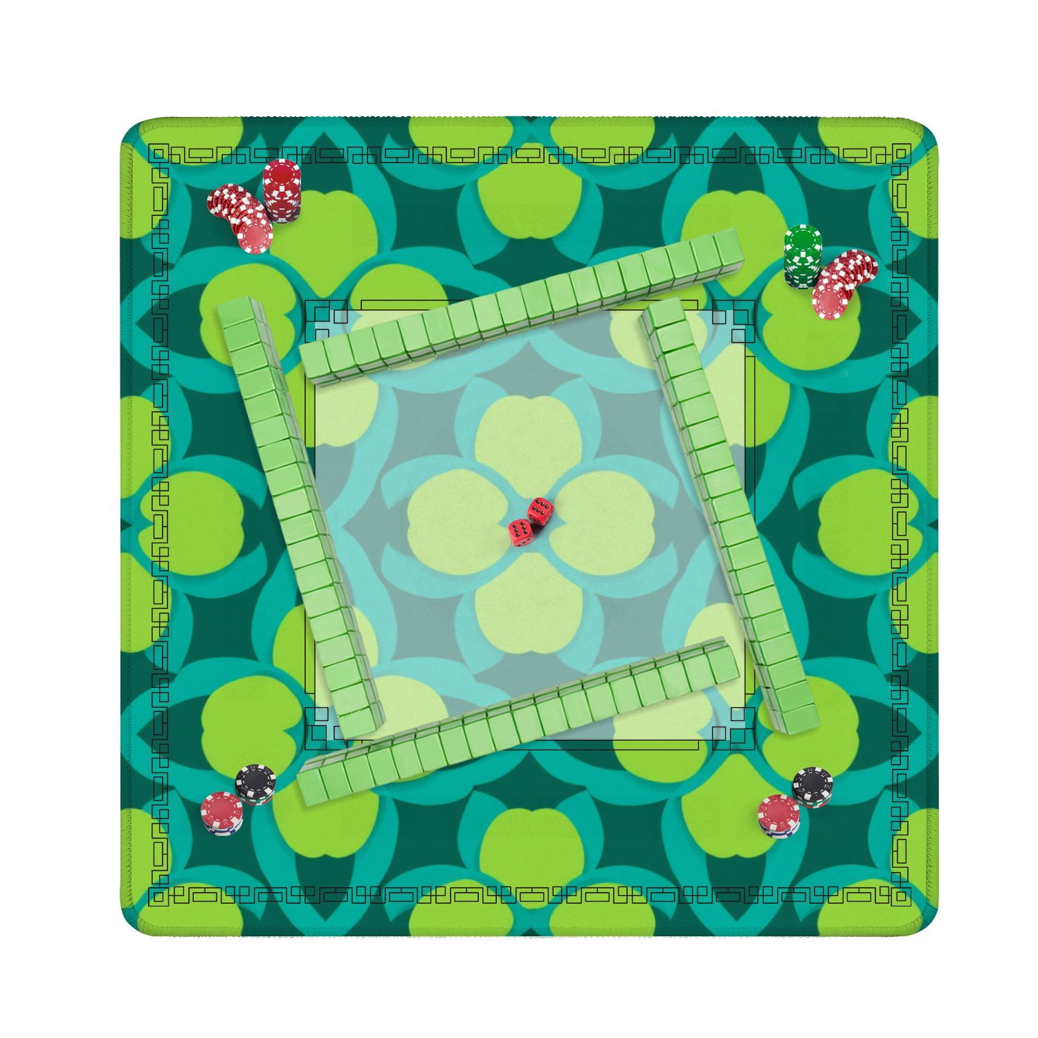 Mahjong Mat 31.5" x 31.5" Geometric Floral Seamless Teal Loops Lime Green Petal Shapes Non-Slip Noise Reduction American Mahjong Tiles Table Cover for Dominoes Poker Card Board Games Gift