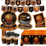 MEHOFOND 194pcs Basketball PriNst Party Plates and Napkins Set with Tablecloth Banner for Boy Birthday Party Decor