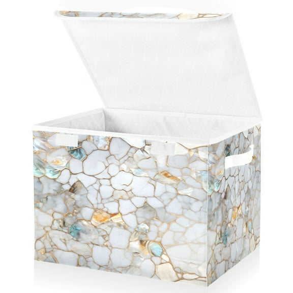 Ryvnso White Marble Large Lidded Foldable Storage Baskets Cubes Boxes Lids Bin for Home