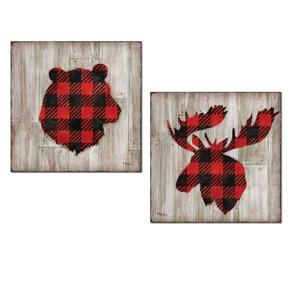 Red and Black Flannel Pattern Bear and Elk Adult Lodge Decor; 2 - 12" x 12" Unframed Posters