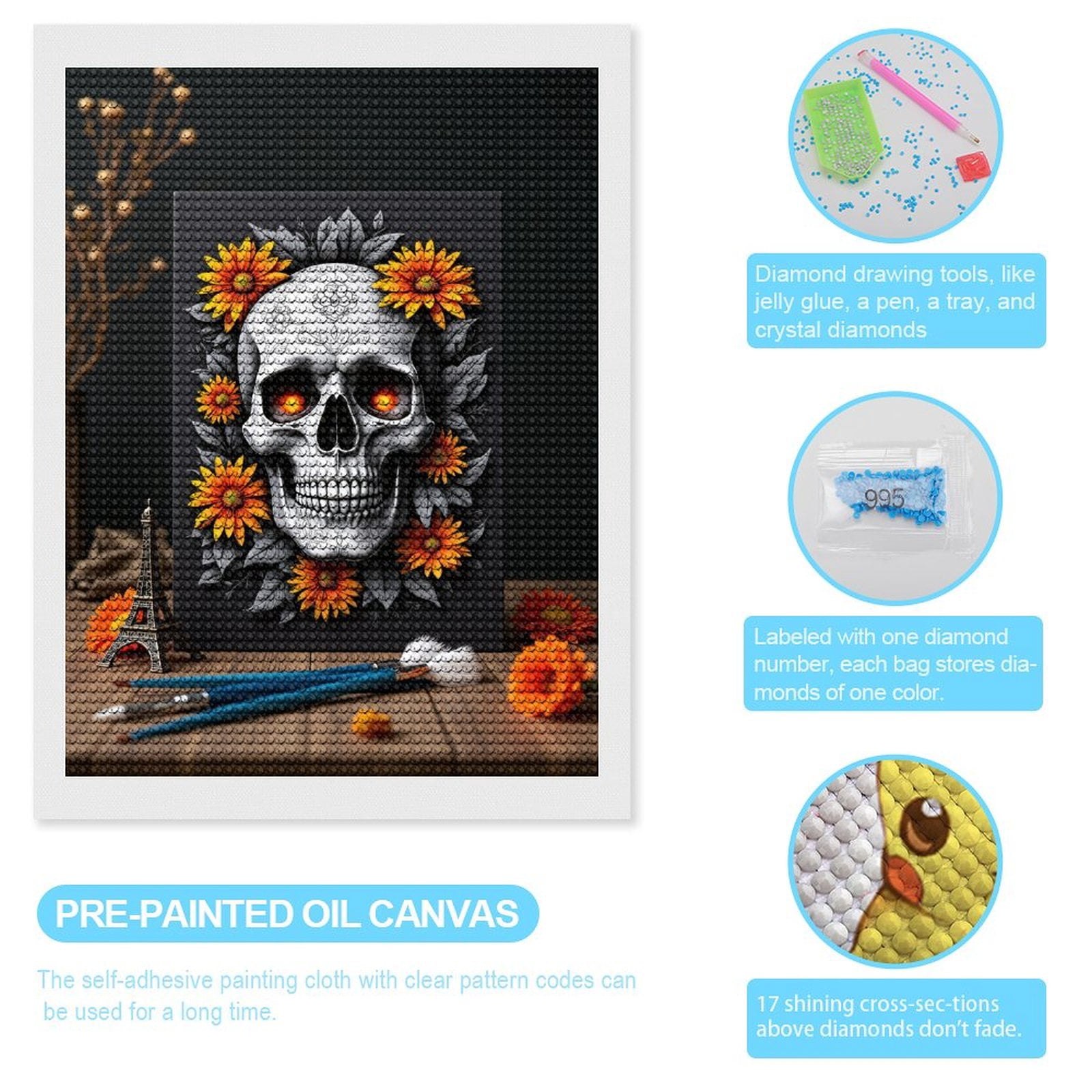 Diamond Art Kits for Adults, Skull Art Floral Canvas Paint Set 5D Diamond Painting Kits for Adults Beginners, DIY Full Drill Diamond Painting, Gem Art and Crafts 12x16