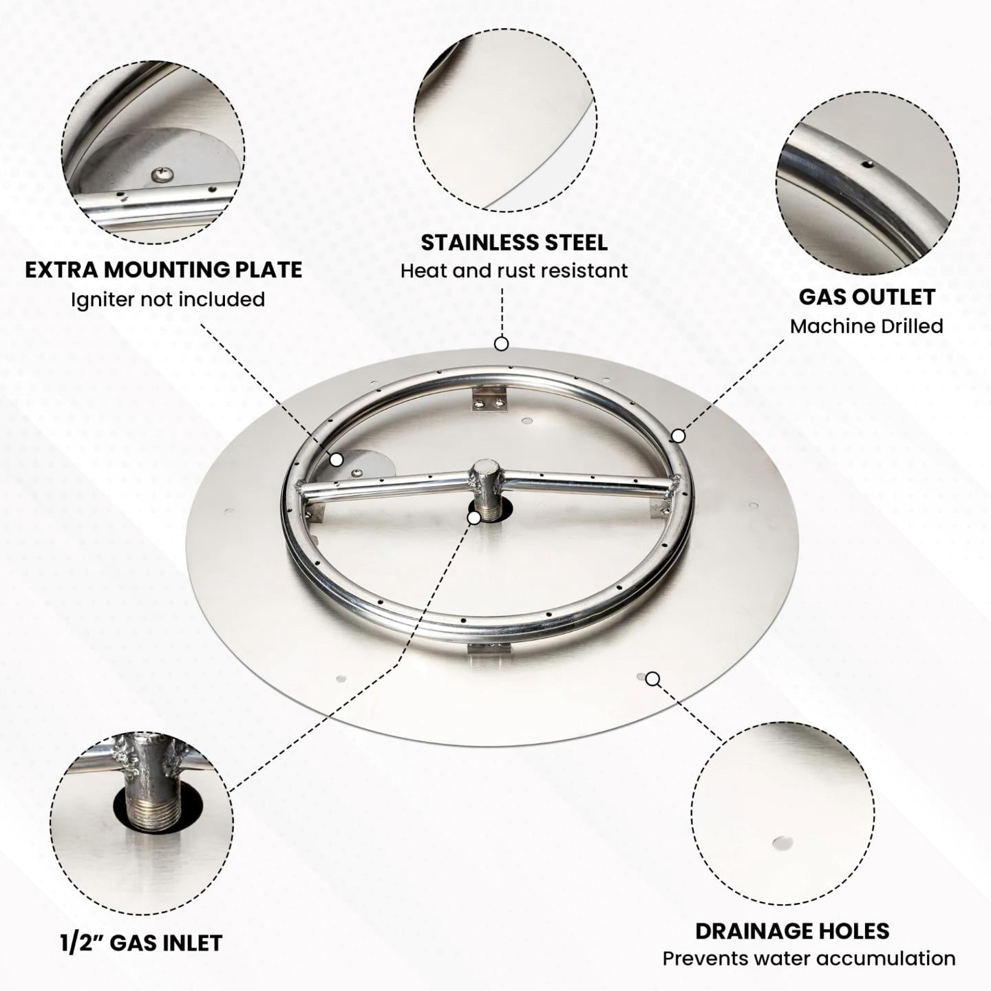 Dreffco Outdoor Fire Pit Stainless Steel Burner 18 Inch Round 90,000 BTU Natural Gas Connection Kit