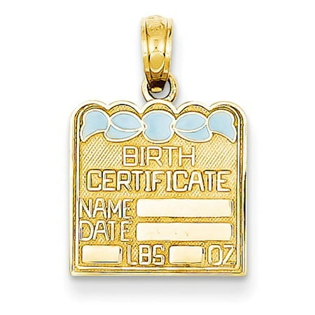 14k Yellow Gold Blue Enameled Birth Certificate Pendant