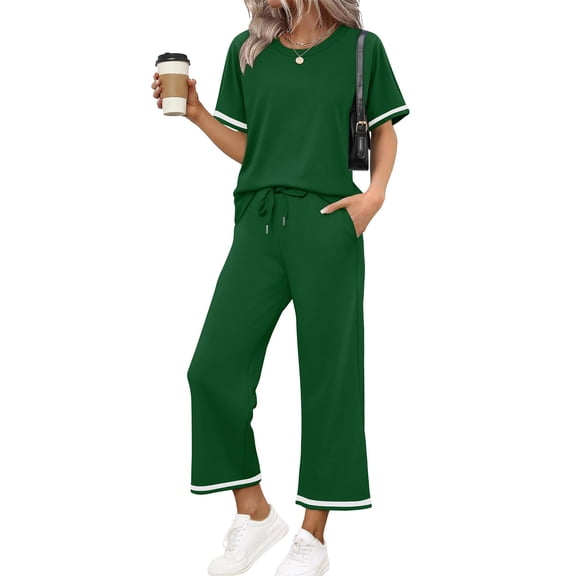 Textilo Two Piece Sets for Women Jogger Lounge Spring Set Tracksuit Short Sleeve T-Shirt Business Wide Leg Pants Sets Green L