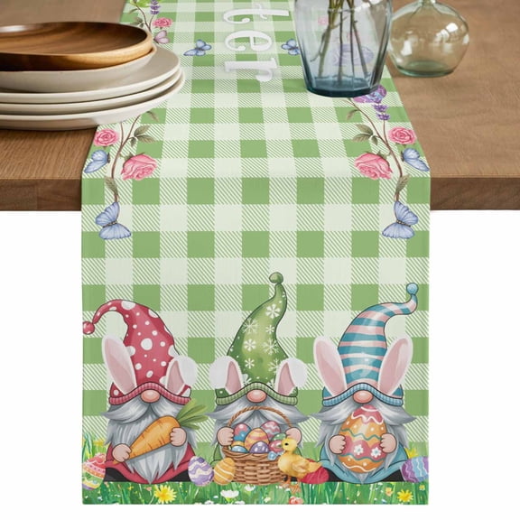 Table Runner 36 Inches Long for Kitchen Dining, Easter Bunny Gnomes Dresser Scarf Farmhouse, Dining Table Decorations for Wedding/Parties, Spring Easter Eggs Floral Sage Green Plaid 13 x 36 In