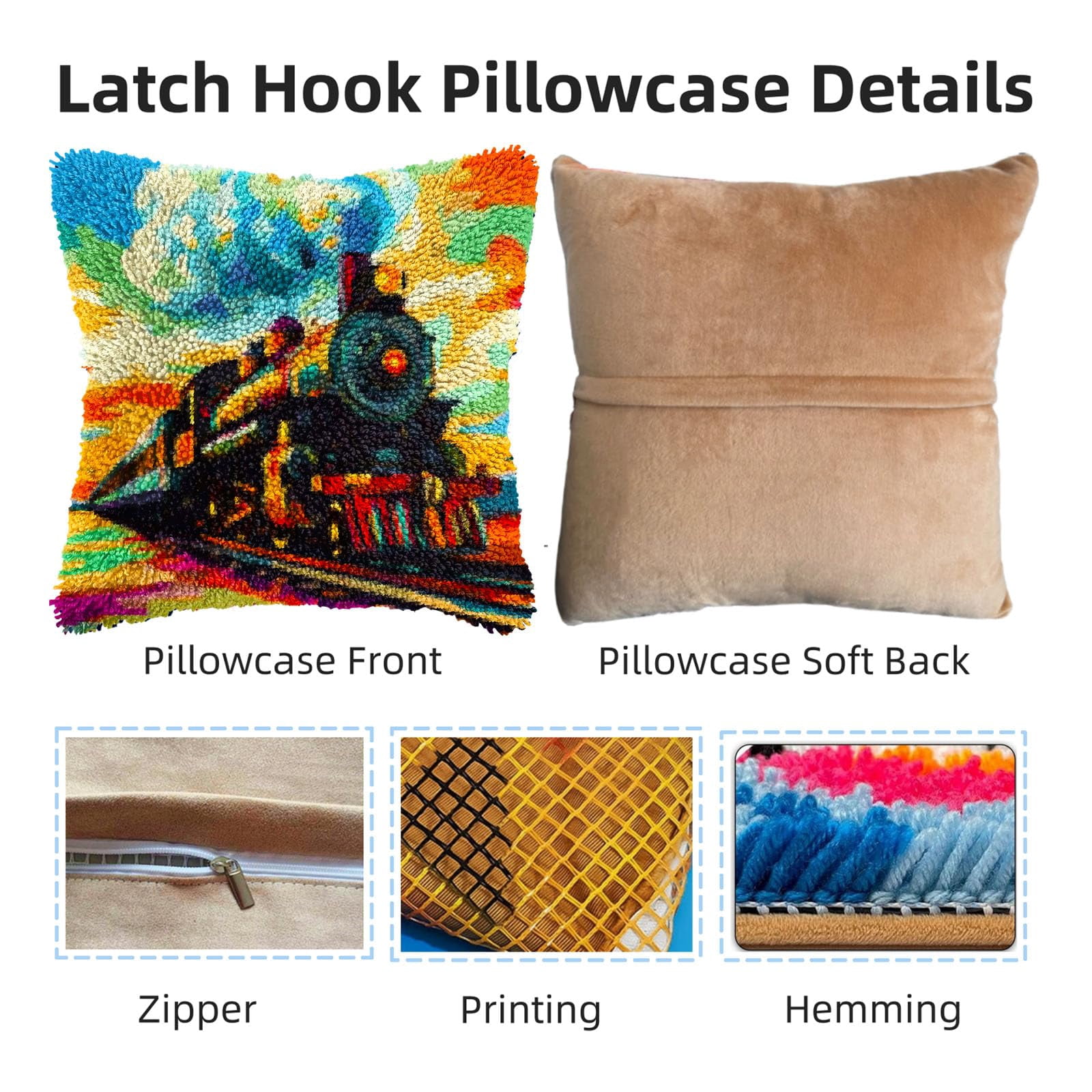 Old Steam Train DIY Latch Hook Pillow Kits for Adults Printed Pillowcase Crochet Yarns Hooking Handmade Pillow Cover Cushion for Home Sofa Decoration 17x17inch