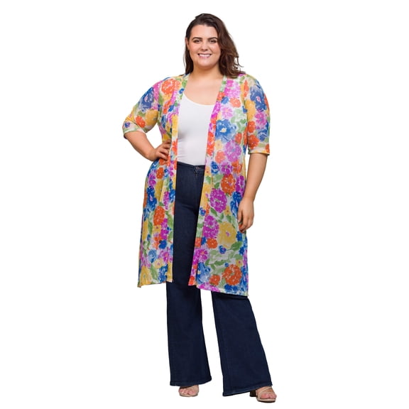 Plus Size Floral Open Front Knee Length Cardigan
