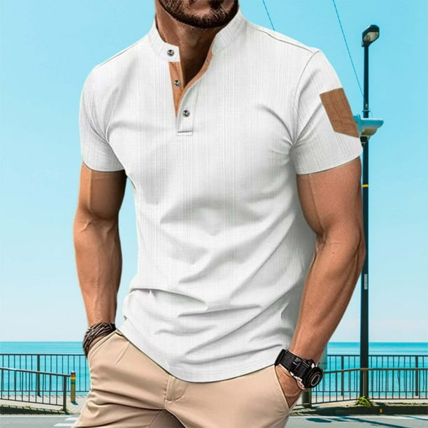 pstuiky camisetas camisas para hombre, Blusa informal de color liso con botones y bolsillos, manga corta y cuello alto para hombre ropa de hombre xxl