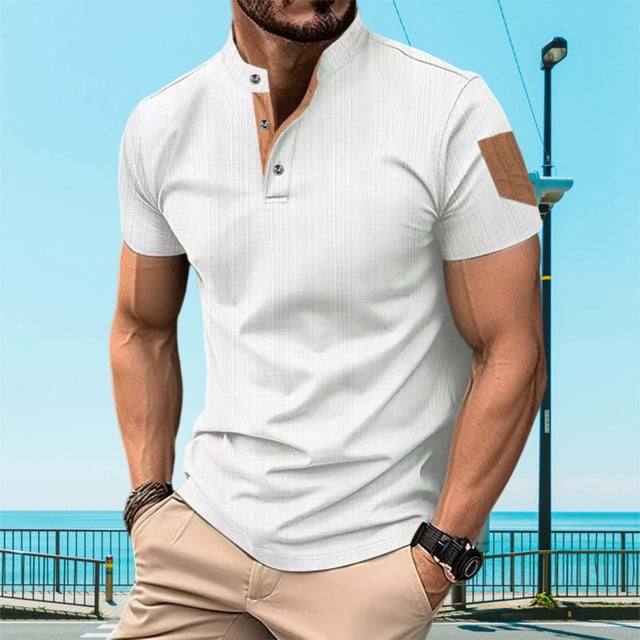 pstuiky camisetas camisas para hombre, Blusa informal de color liso con botones y bolsillos, manga corta y cuello alto para hombre ropa de hombre xxl