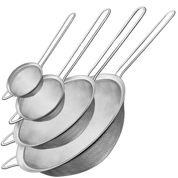 ZHUYING Fine Mesh Strainer 4PCS, Versatile Kitchen Strainer with Handle - 7", 5", 3.3", 2.8" Sieve Fine Mesh Stainless Steel, Metal Strainers and Sifters for Rice, Quinoa, Tea, Cocktail, Silver