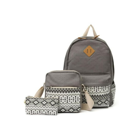 3PCS Canvas School Backpack Travel Bags for Kids, Light Weight Travel Rucksack Fashion Satchel, Blue / Khaki / Purple / Black /