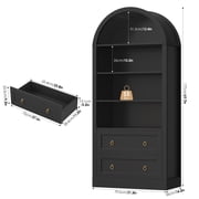 Hiphuta 70Tall Arched Bookcase, 4-Tier Bookshelves with 2 Large Drawers, Wooden Display Shelf with Storage for Living Room Home Office, Black