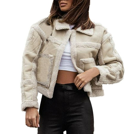 

Hwmodou Womens Casual Jackets Casual Long Sleeve Patchwork Plush Solid Color Fashion Winter Warm Coat Jackets For Women