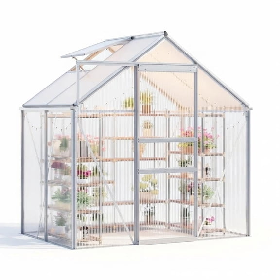 Heavy Duty Aluminum Frame Walk-in Greenhouse, 6x4 FT Polycarbonate Panels - Sliding Door, Adjustable Roof Vent, Rain Gutter - Weather Resistant Outdoor Garden Structure for Backyard, Patio