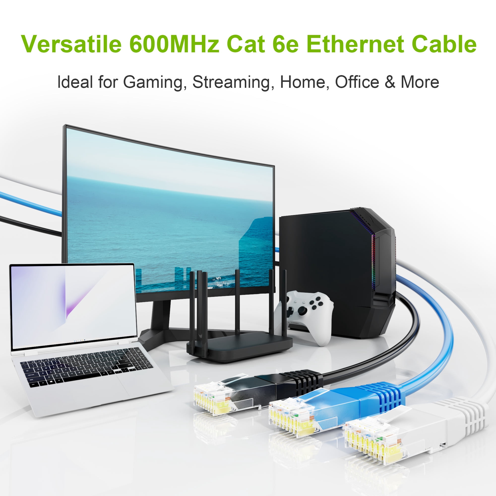 Syston Cat6e Ethernet Internet Cable Patch - 50 FT Black, 600MHz 23AWG 4pr UTP Solid Bare Copper Wire Indoor/Outdoor PoE PC Laptop, CMR Riser-Rated Sunlight Resistant RoHS Compliant UL ETL Certified