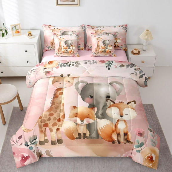 Homewish Kawaii Giraffe Elephant Twin Bedding Sets 7-Piece, Flower Leaf Plant Bedding Comforter Set, Pink Art Watercolor Reversible Sheet Sets, Microfiber Bedroom Decor