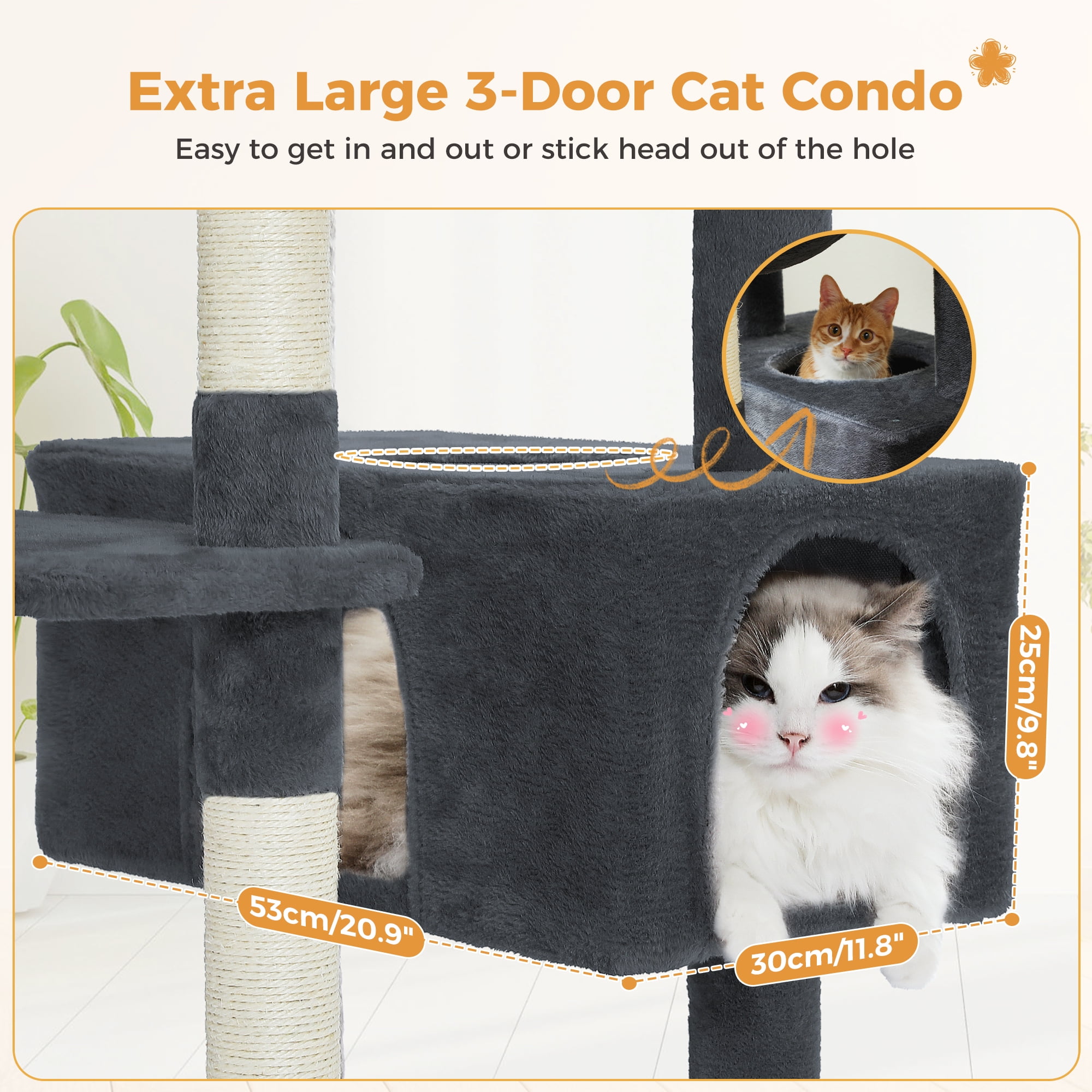 PAWZ Road 73"Cat Tree for Large Cats Multi Level Play Tower Condo 7 Sisal Cat Scratching Posts,Dark Gray