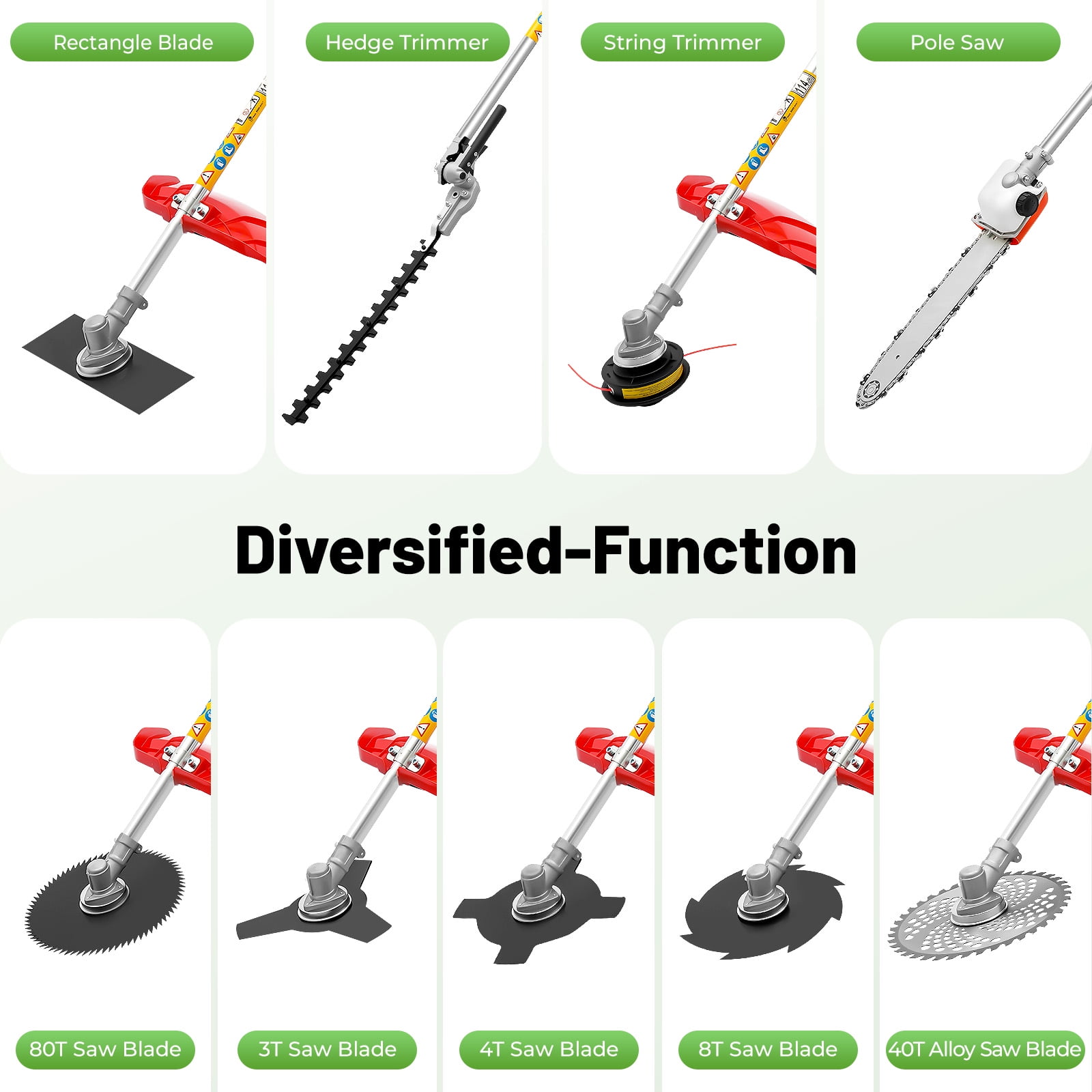 52CC 2-Stroke Gas Multi-Trimmer, 8500r/Min 0.9Qt Tank Capacity Detachable Gasoline Power Garden Lawn Aluminum Brush Cutter String Trimmer w/7 Heads