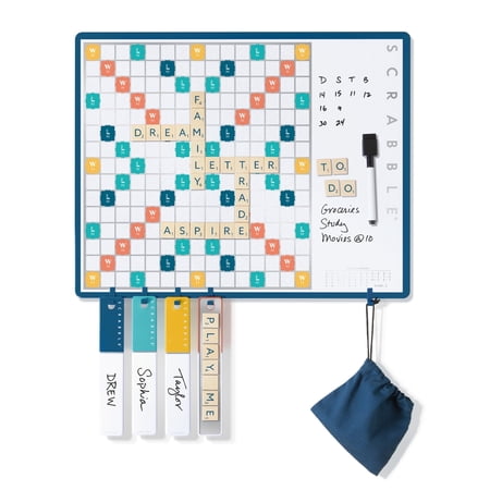 WS Game Company Scrabble Message Board Edition – Wall-Mounted Dry-Erase Game with Magnetic Wood Tiles and Tile Racks – Combines Classic Gameplay with Everyday Communication – Ages 8+