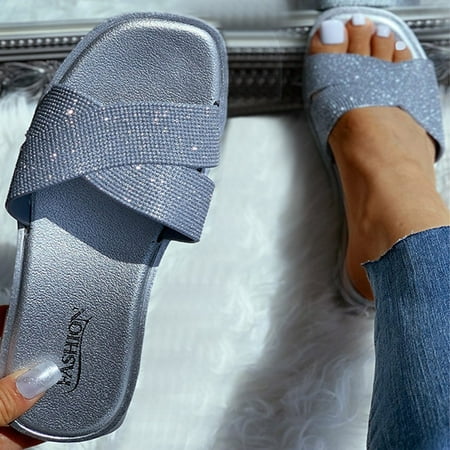 

YOTAMI Womens Sandals Summer Women s Plus Size Slippers Sequins Rhinestone Flat Open Toe Sandals Silver