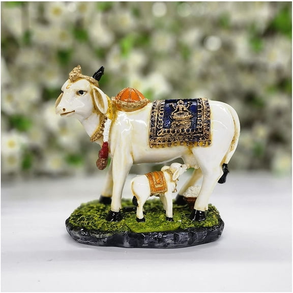 Kamdhenu Statue in Resin Cow with Calf Statue Kamdhenu Figurine Hindu Good Luck Gift Kamdhenu Sculpture Cow with Calf Idol Indian Wedding Gift Unique Gift Hindu Religious Statue - AtoZ India Cart