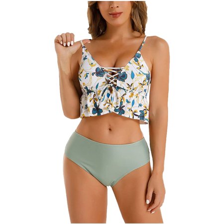 COLOMI Women's Floral Print Bikini Set - High Waist Halter Two-Piece Swimsuit For Beach & Pool