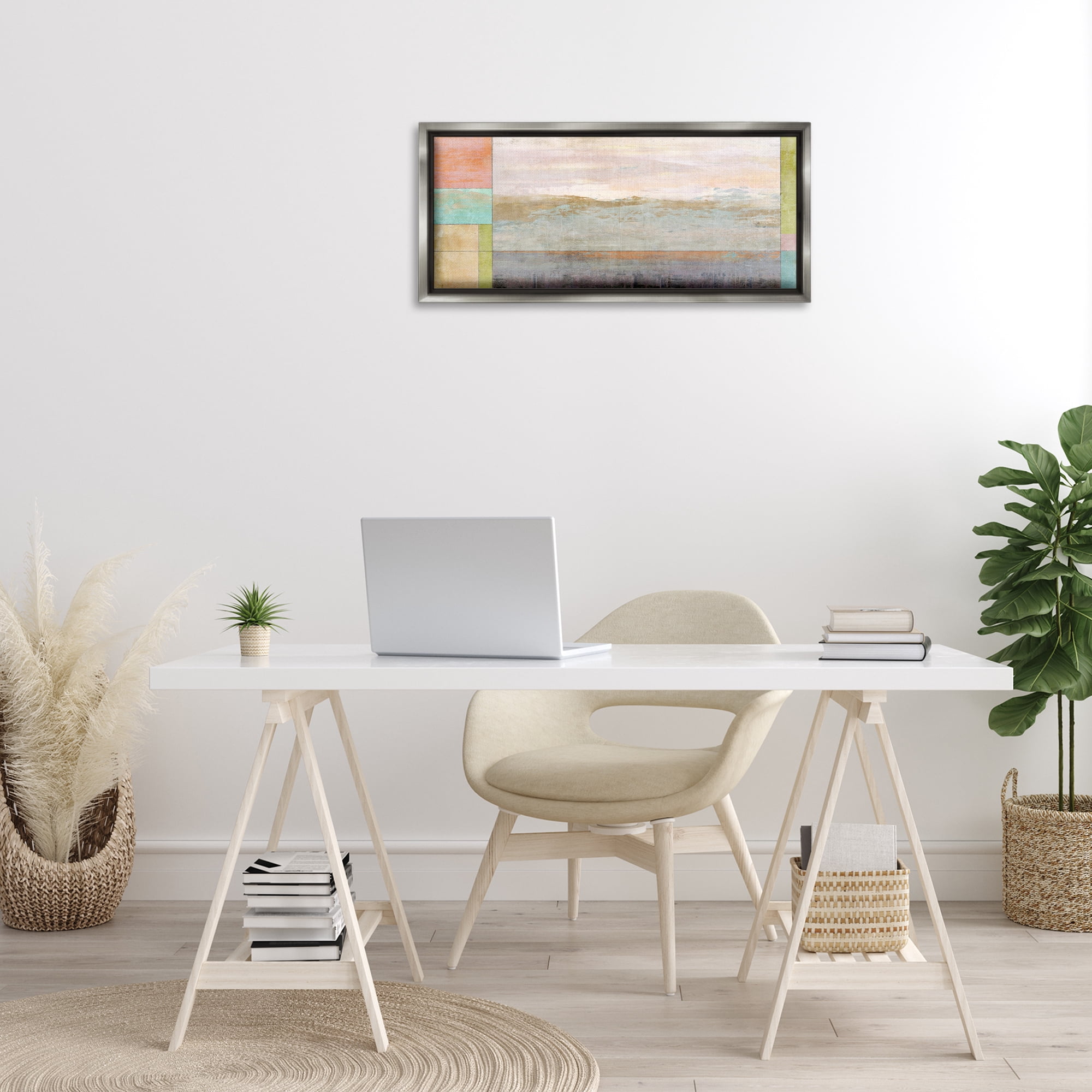 Stupell Industries Landscape & Geometric Border Landscape Painting Gray Floater Framed Canvas Art Print Wall Art, 31 x 14