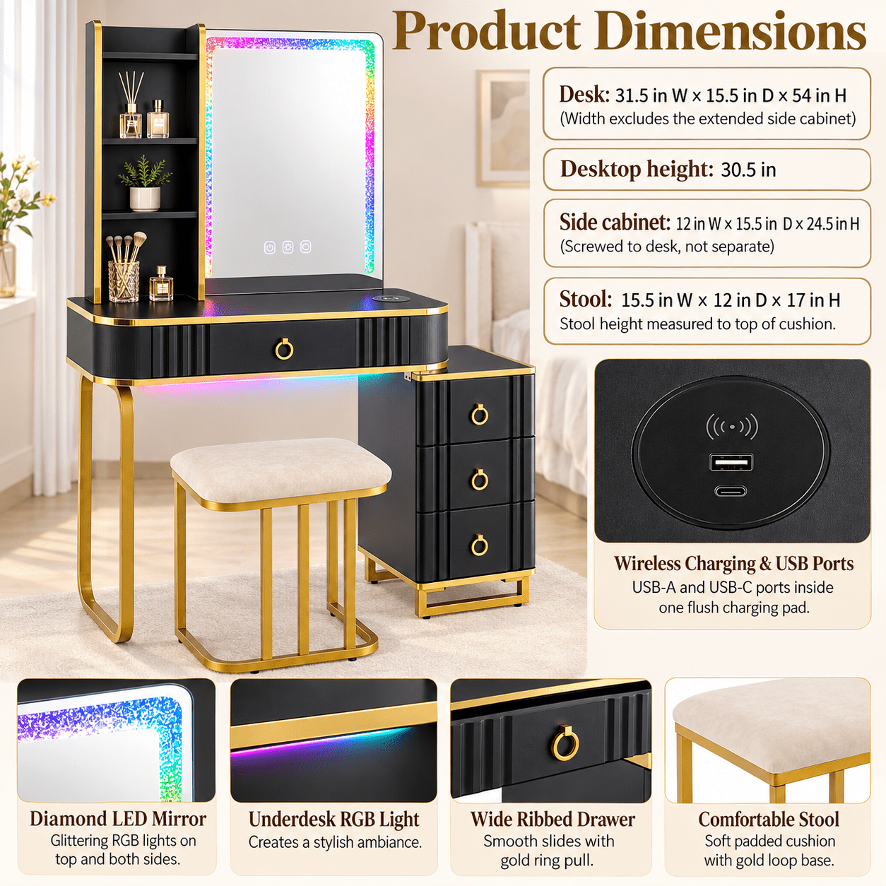 Furnibear Vanity Table Set with RGB LED Lights, Makeup Vanity Desk with Wireless Charging Station, Storage Shelves, Cabinet and Cushioned Stool, Black