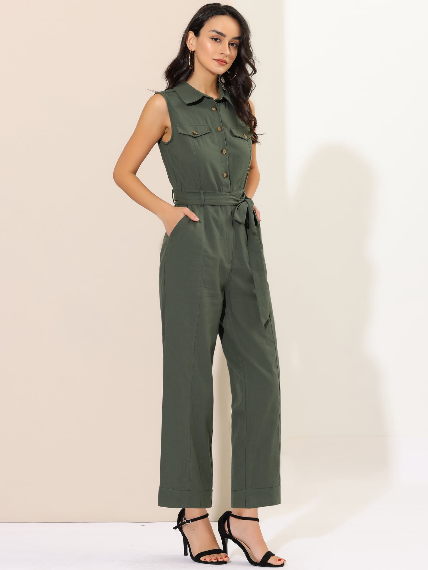 DARING DIVA Women's Wide Leg Jumpsuit Collared Tie Waist Coverall S Army Green