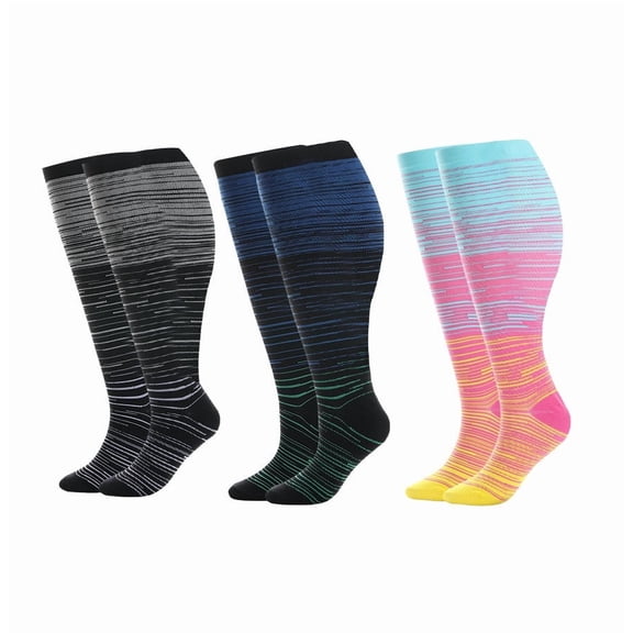 Plus Size Athletic Compression Socks Colorful Gradient Circulation Support for Men Women Nurse Sports 3 Pairs