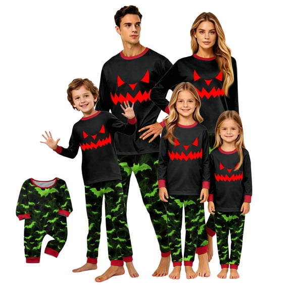 Halloween Family Pajamas Matching Sets Party 2 Piece Sets Casual Pjs Matching Sets Long Sleeve Cute Funny Pumpkin Face Bat Trendy Family Holiday Loungewear Baby 12-18 Months