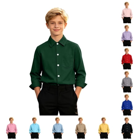 FYDUU Teens Boys Shirts Solid Color Long Sleeve Dress Shirts Kids Lapel Button Down Tops Formal School Uniform Shirt Back To School Wear 9-10 Years