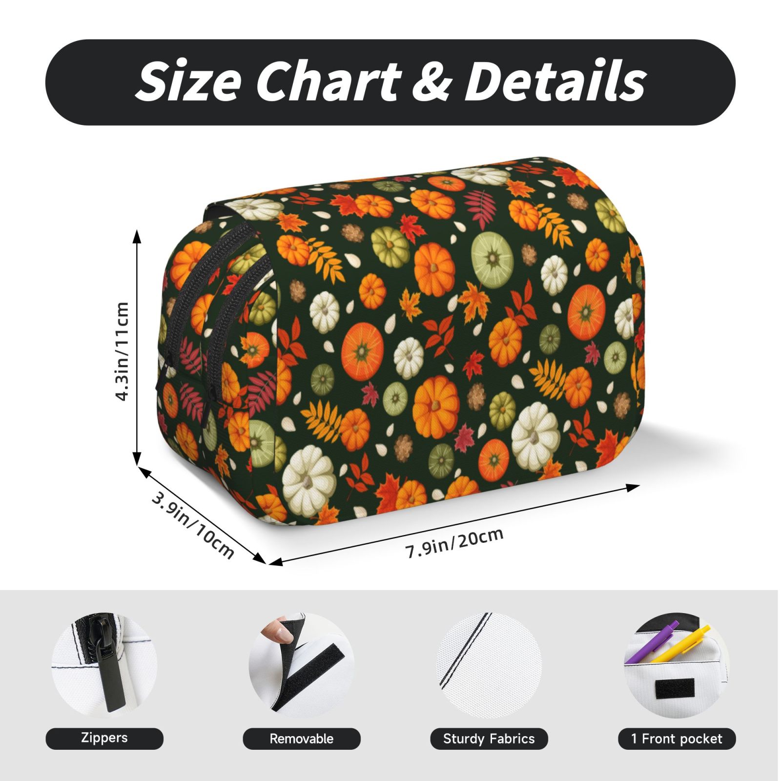 Rateoe Harvest Pumpkins Pattern Double Clamshell Pen Case, Storage Organizer with Two Zipper Compartments– Holds Up to 50 Pencils & Pens