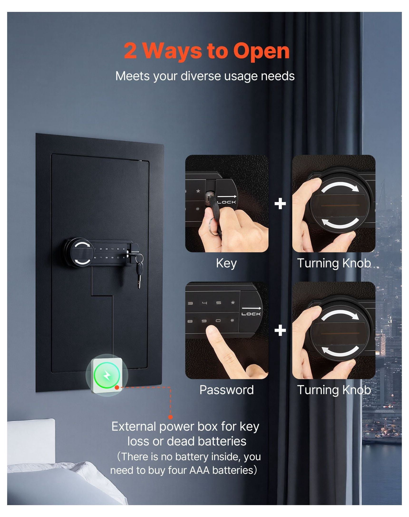 Wall Safe, Hidden In-Wall Safe with Password & Key Lock, 3-Tier Steel Security Box with LED Light, Adjustable Shelves & Key Holders for Cash, Jewelry, Passport - Black