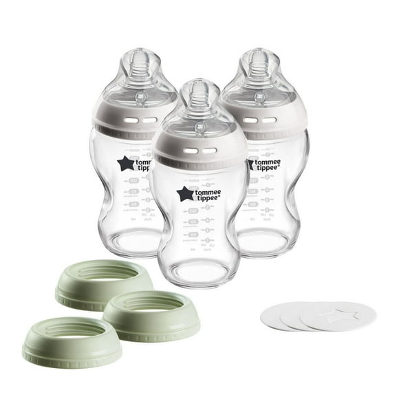 Tommee Tippee Natural Start 3 Uses Glass Baby Bottle, Cup or Jar Set, 3x9oz, Slow Flow Breast-Like Nipple for a Natural Latch, Leakproof Travel Food Jar Lids