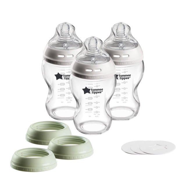 Tommee Tippee Natural Start 3 Uses Glass Baby Bottle, Cup or Jar Set, 3x9oz, Slow Flow Breast-Like Nipple for a Natural Latch, Leakproof Travel Food Jar Lids