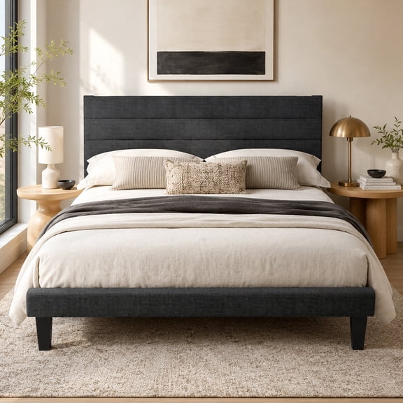 Queen Bed with Adjustable Headboard, LEGAHOME Queen Size Linen Upholstered Platform Bed Frame with 800lbs Support, No Box Spring Needed, Wood Slat Support, Noise Free, Gray